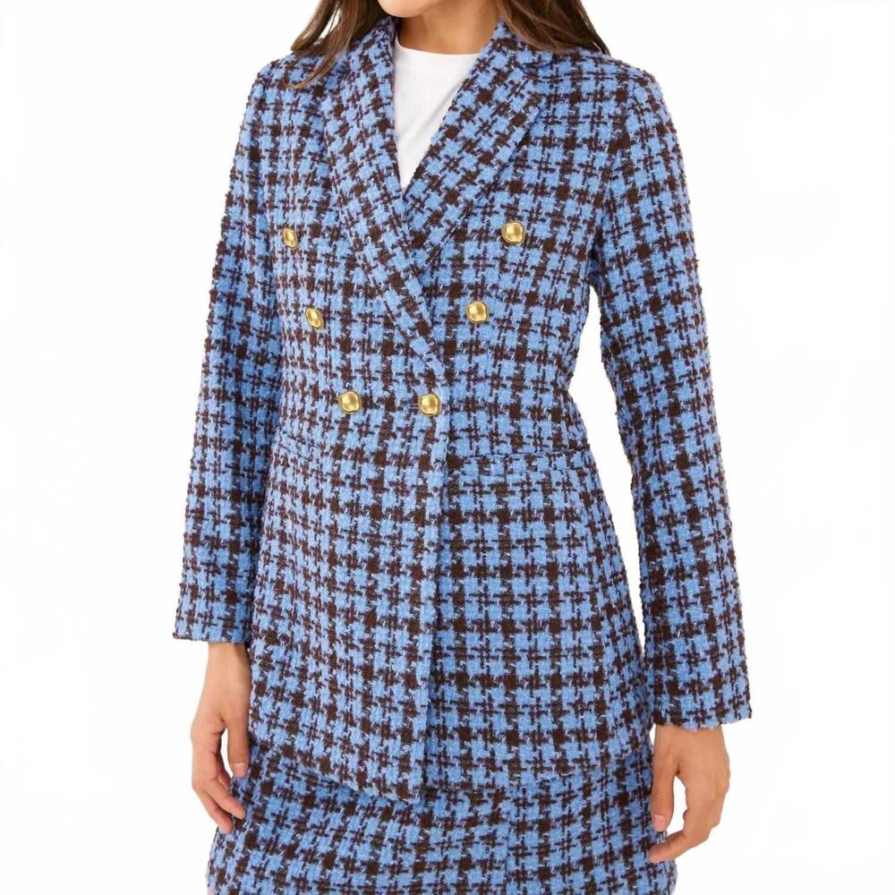 NEW ABBEY GLASS calvin houndstooth tweed blazer in blue/brown